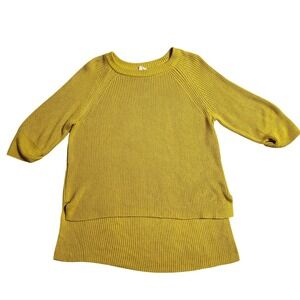 Mote Mustard Yellow Knit Sweater Womens Large Raglan 3/4 Sleeve High Low Hem